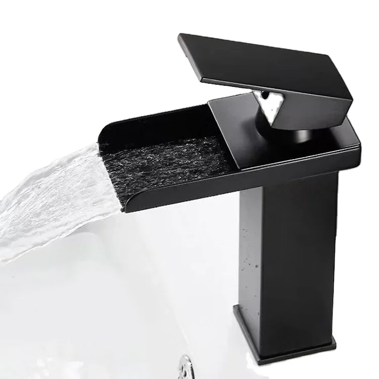 

Waterfall Spout Bathroom Faucet Single Handle Bathroom Vanity Sink Faucet Black