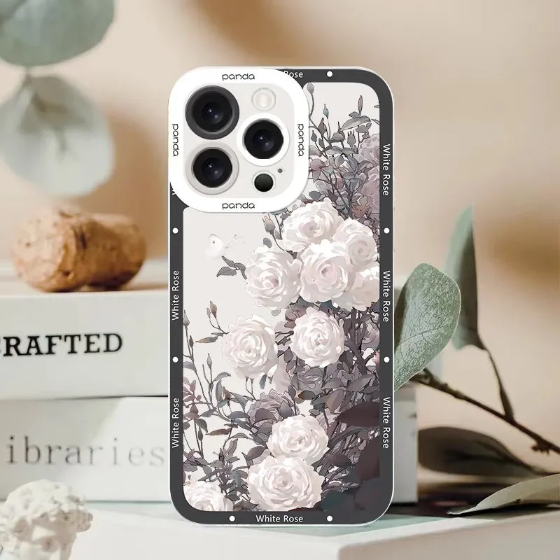 INS White Roses Bloom Brilliantly For iPhone Case 16 15 14 13 12 11 Pro XR XS Max 7 8 Plus Shockproof Soft Phone Y2K INS Cover