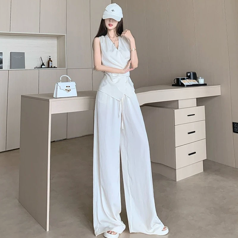 

Широкие женские брюки, комплект из двух предметов, модная одежда, 2025 г., дешевые новые одинаковые эстетические повседневные элегантные распродажи, шикарные женские брюки