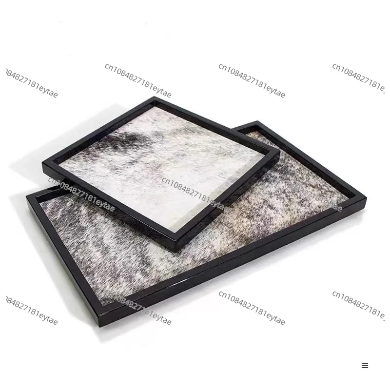 Modern Light Luxury Horsehair Rectangular Tray, Wood Storage & Coffee Table Decor for Model Room