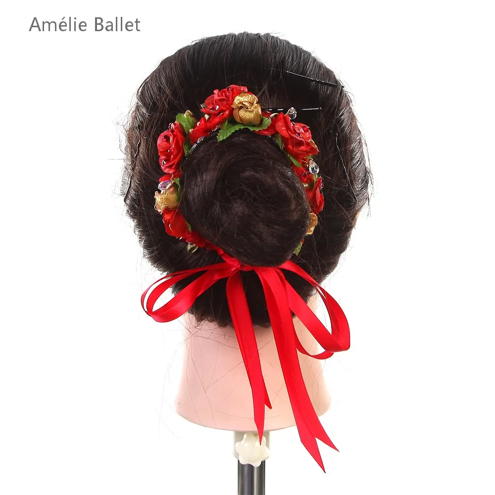 HB077 Free Shipping Red Flower Headdress Hair Accessories Girls Ballerina Headwear Ribbon Hairwear Ballet Dancing Head Bands