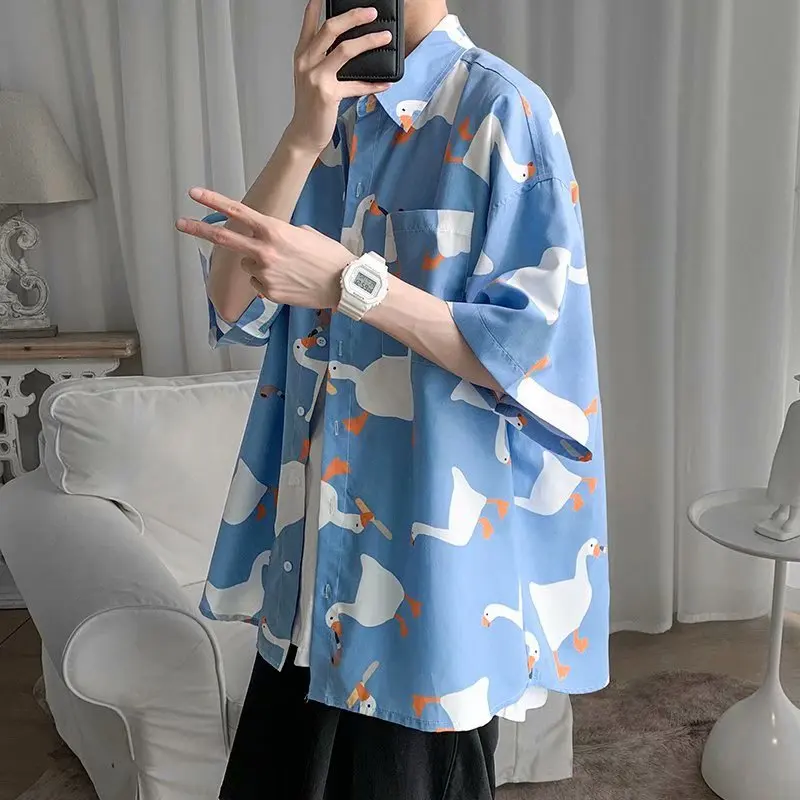 Retro Oil Painting Goose Print Men\'s Short Sleeve Thin Shirt Summer Fashion Casual Loose Square Neck Versatile Top Shirt