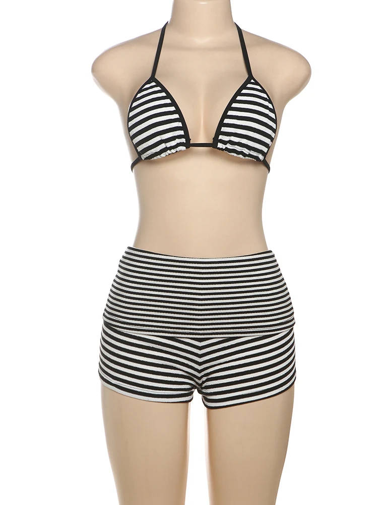 Kliou-Conjunto de 2 piezas con estampado de rayas para mujer, Tops de Bikini ajustados con cuello en V y cuello Halter clásico + pantalones cortos ajustados elásticos, trajes de playa para mujer