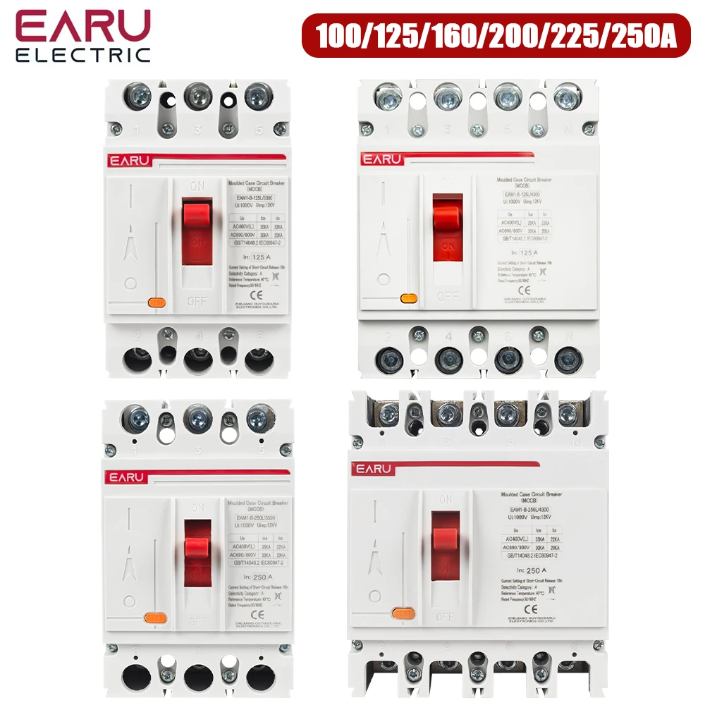 EARU 3P 4P AC 400V 100A-250A MCCB Molded Case Circuit Breaker Main Isolator Switch Overload Short Circuit Protection Industry