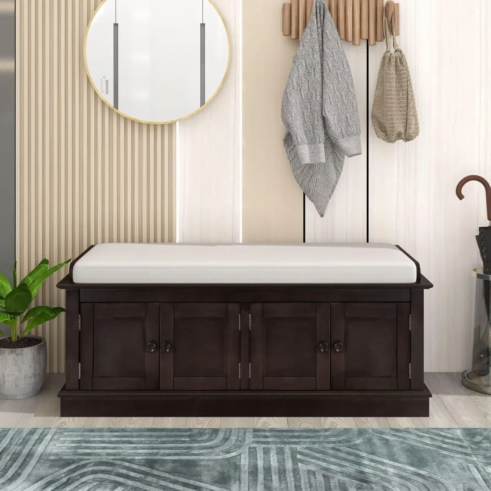 Rustic Storage Bench with 4 Doors and Adjustable Shelves Removable Cushion Rectangular Ottoman Cabinet Foot Rest Stool Solid Wo