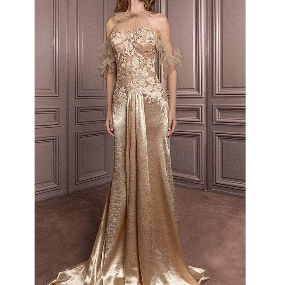 Fashion Women Prom Dresses Floor Length High Collar A-line Appliques Short Sleeves Illusion Smart Evening Party Banquet Gowns