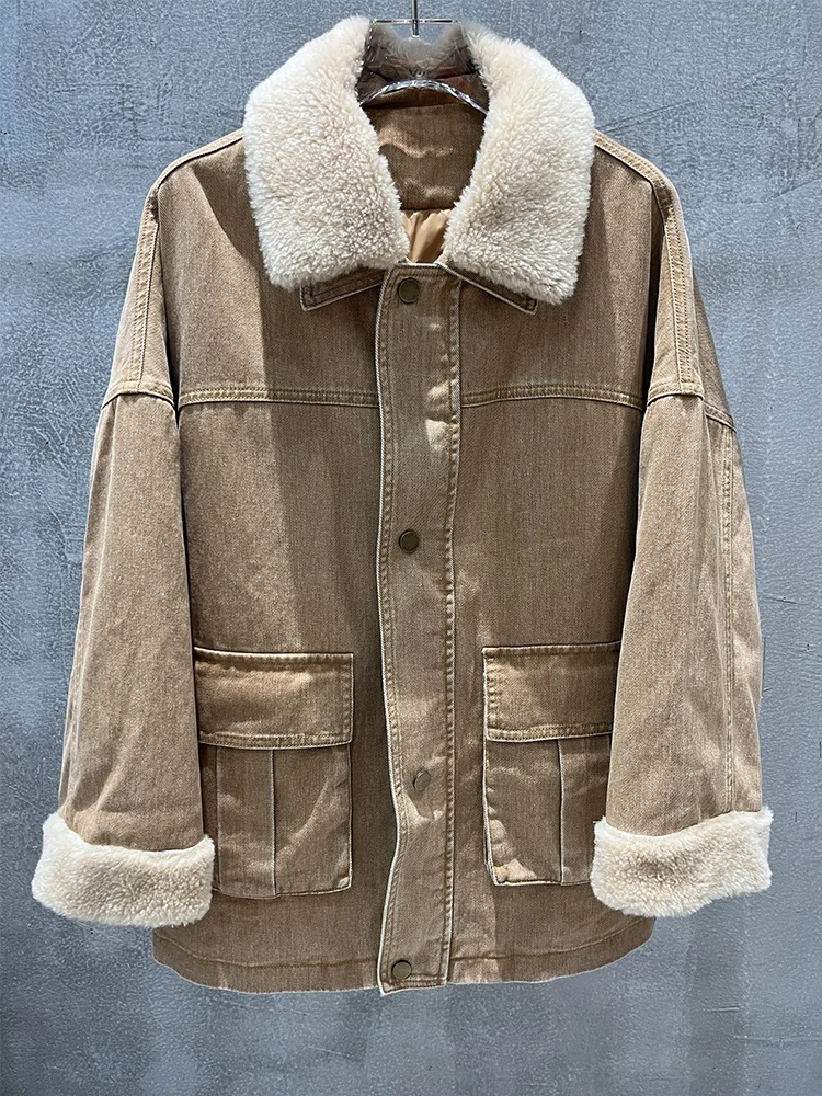 2025秋冬 レディース 本物の羊毛襟 天然グースダウンコート デニムジャケット アウター 高級婦人服ジャケット