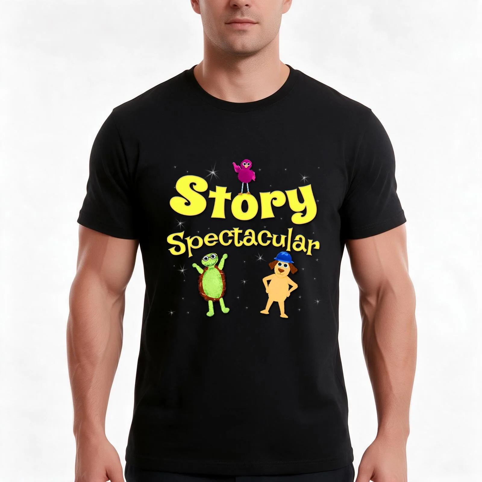 Story Spectacular Kid's Podcast Logo in Yellow & Blue by Storytacular T-Shirt Summer Casual Cotton Tee Vintage Graphic Print