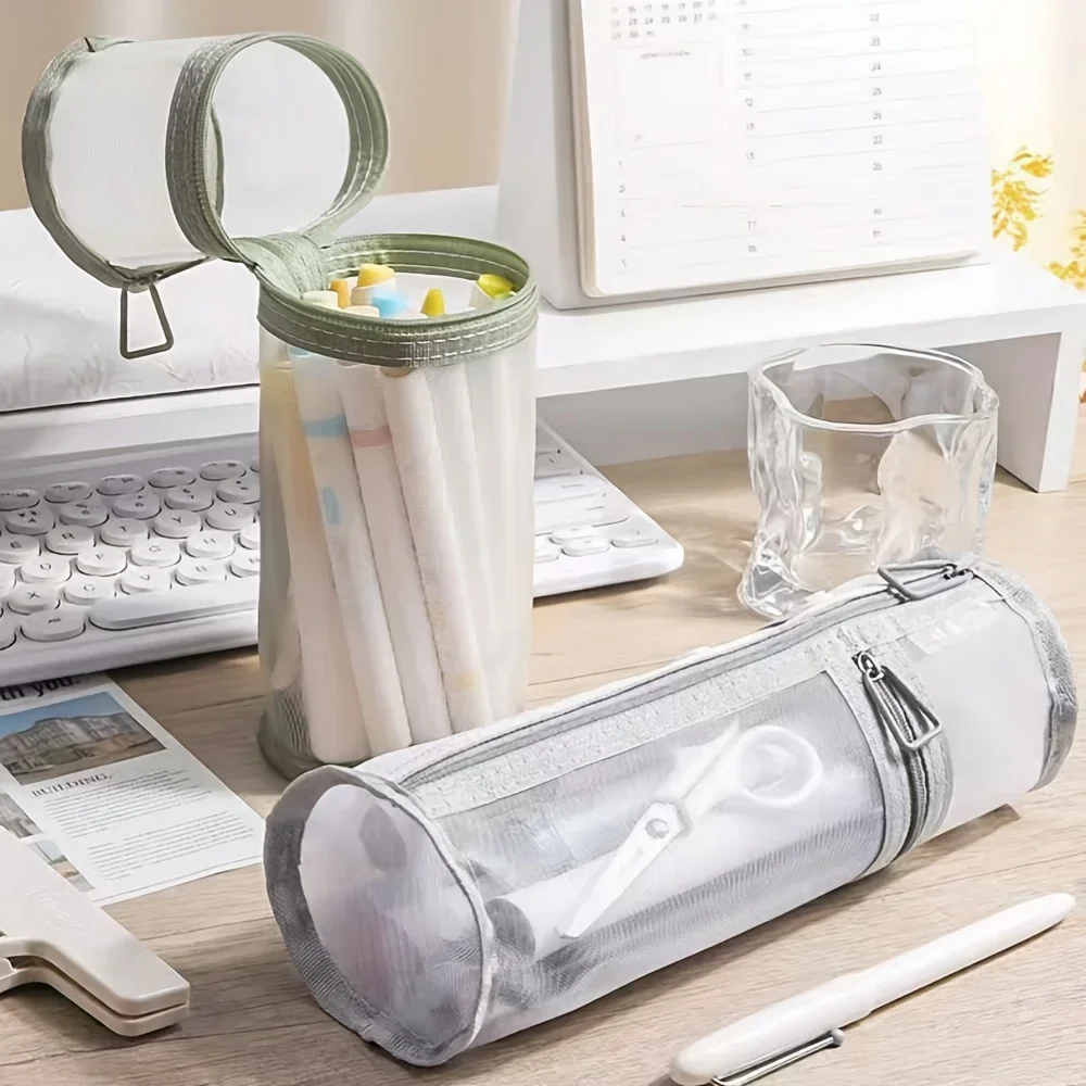Minimalist Transparent Mesh Pencil Case Large Capacity Flip-Top Solid Color Pen Holder Portable Stationery Storage Bag