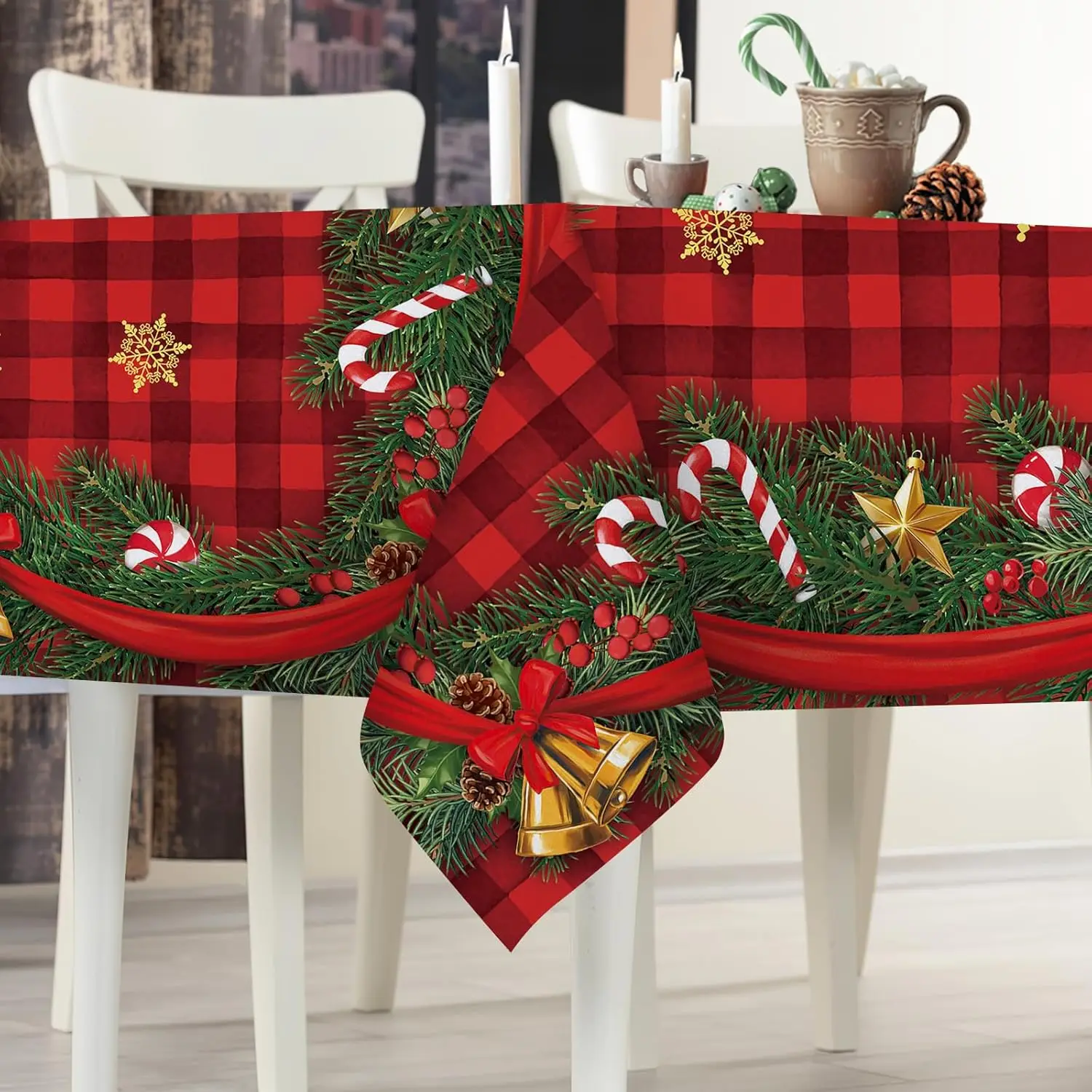 Christmas Pine Needle Bell Buffalo Plaid Tablecloth Table Decor Winter Xmas Snowflakes Dining Table Cloth Christmas Decorations