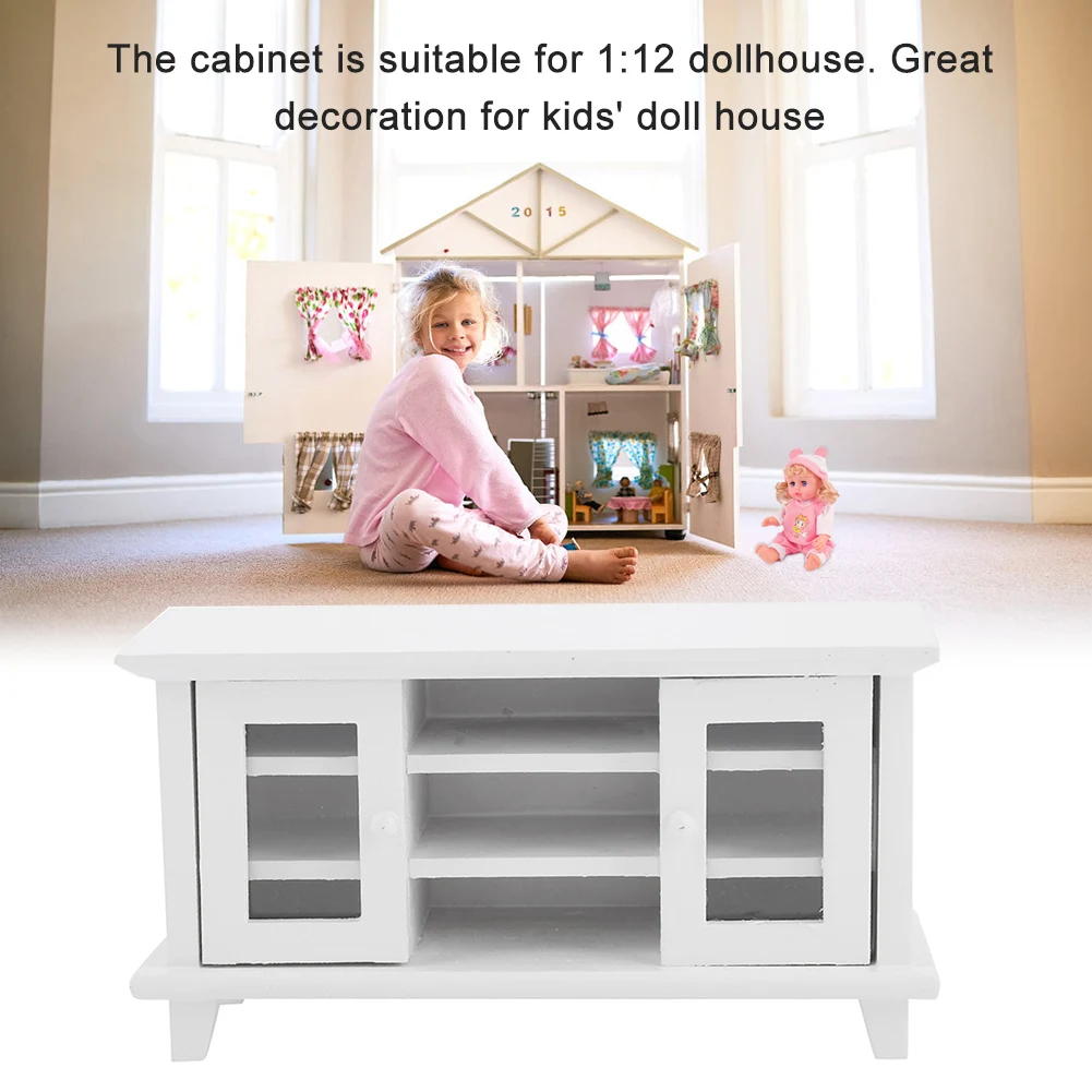 ZK30 1:12 Scale Dollhouse Storage TV Cabinet Miniature Mini Wooden Furniture Children Gift White