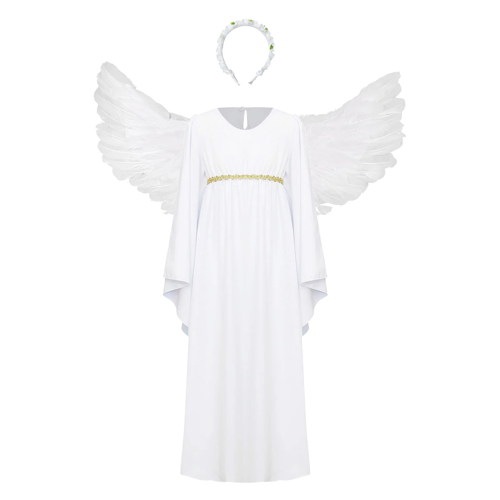 Girls Angel Costume Fancy Party Dress Long Sleeve Dress with Headwear Headband Feather Wings Halloween Cosplay Angel Devil Props