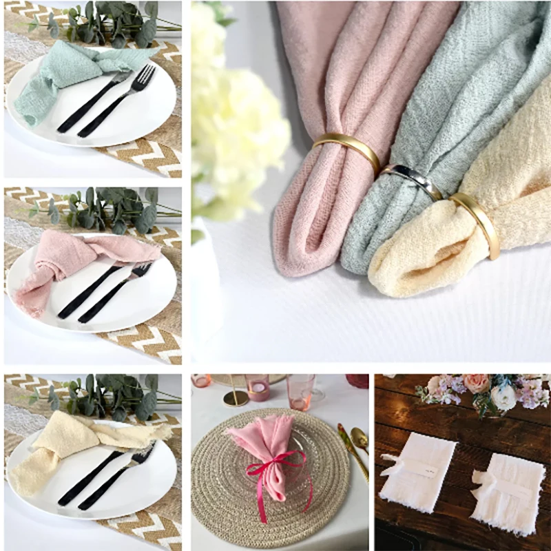 10pcs 32X32CM Pink Cloth Napkins Handmade Gauze with Fringe Rustic Napkin for Baby Shower Dinners Party Wedding Table Decoration