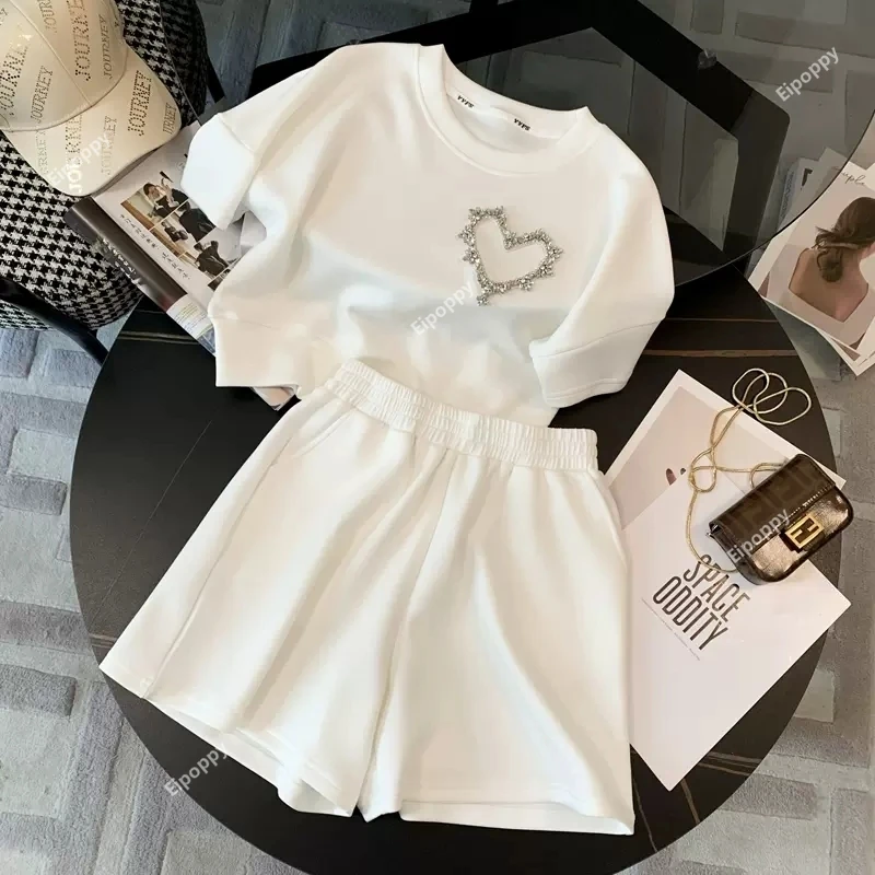 New Summer 2024 Love Rhinestones Sets Women Casual Loose White Two Pieces Short Sleeve T Shirts + Short Pants Outfits Tracksuit