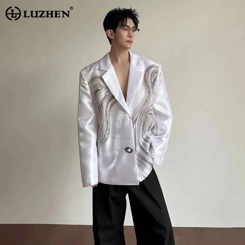 LUZHEN 2026 New Original Luxury Temperament Sequin Gauze Patchwork Design Blazer Coat Men Elegant Handsome Casual Jacket JY7013