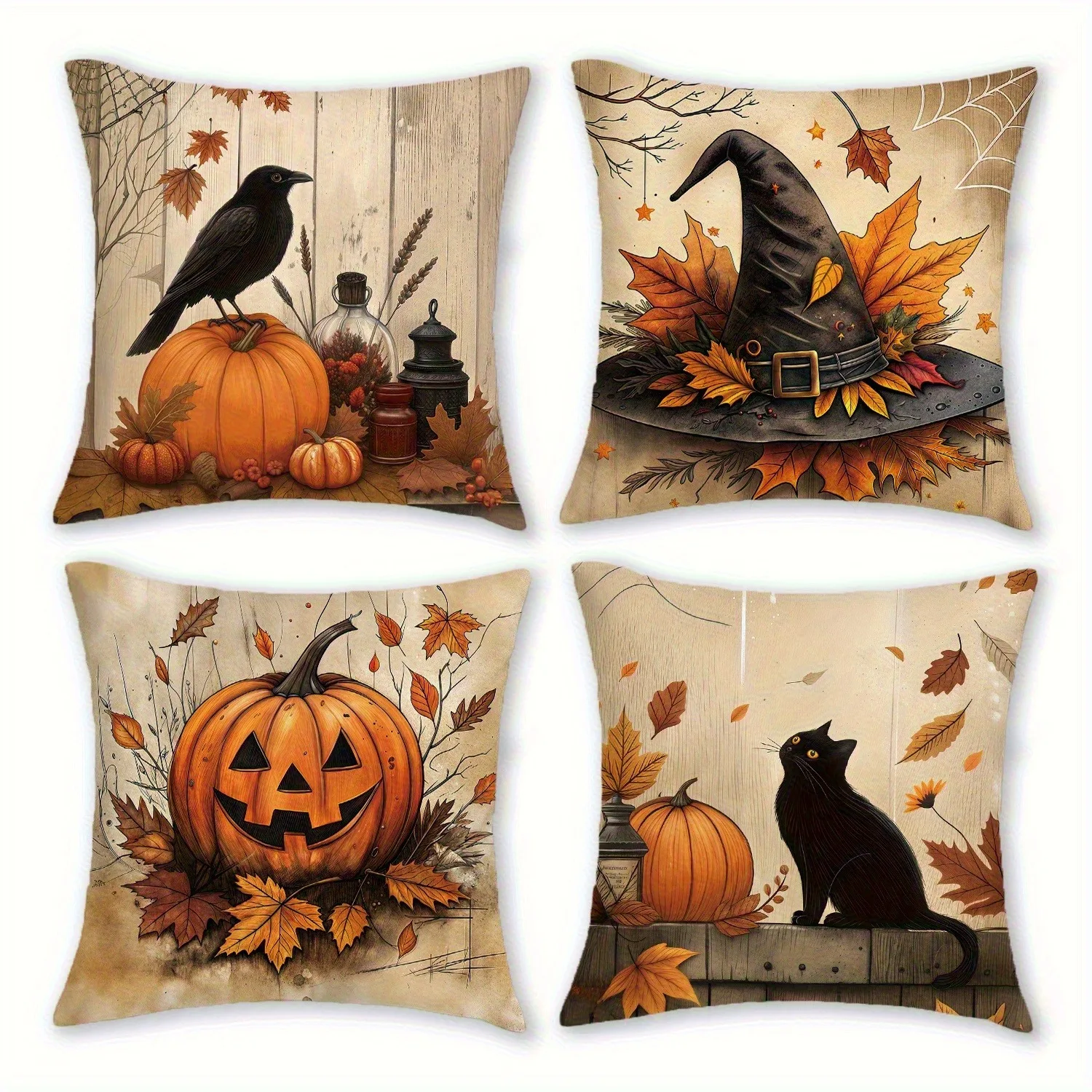 

Наволочки на тему Хэллоуина: с изображением ворона, ведьминой шляпы, тыквы-фонаря, черной кошки с осенними листьями. Чехол для диванной подушки.