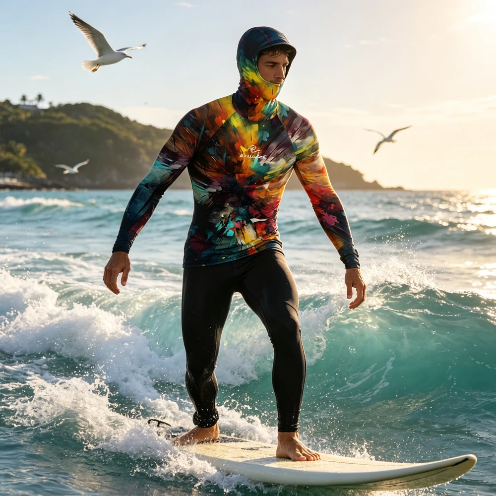 

Men's Hooded Long Sleeve Surf Shirt Rash Guard Breathable Surfing Clothing Quick Dry UPF50+ Sailing Top Wear for Water Sport