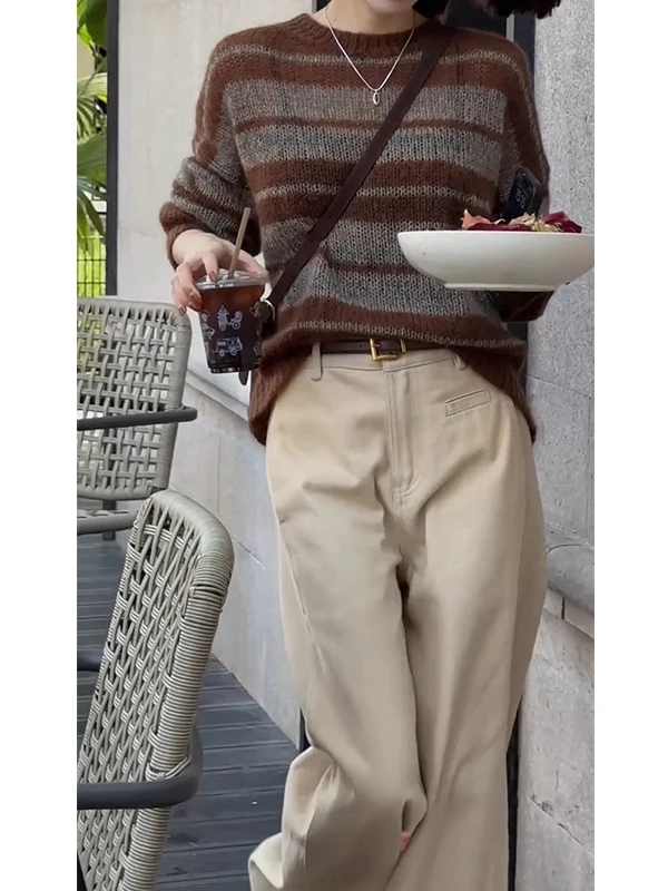 Early Autumn Loose Women's Camere Sweater Striped Color Blo Knitted Top Casual Sle Long Sve round Ne Regular Thi...