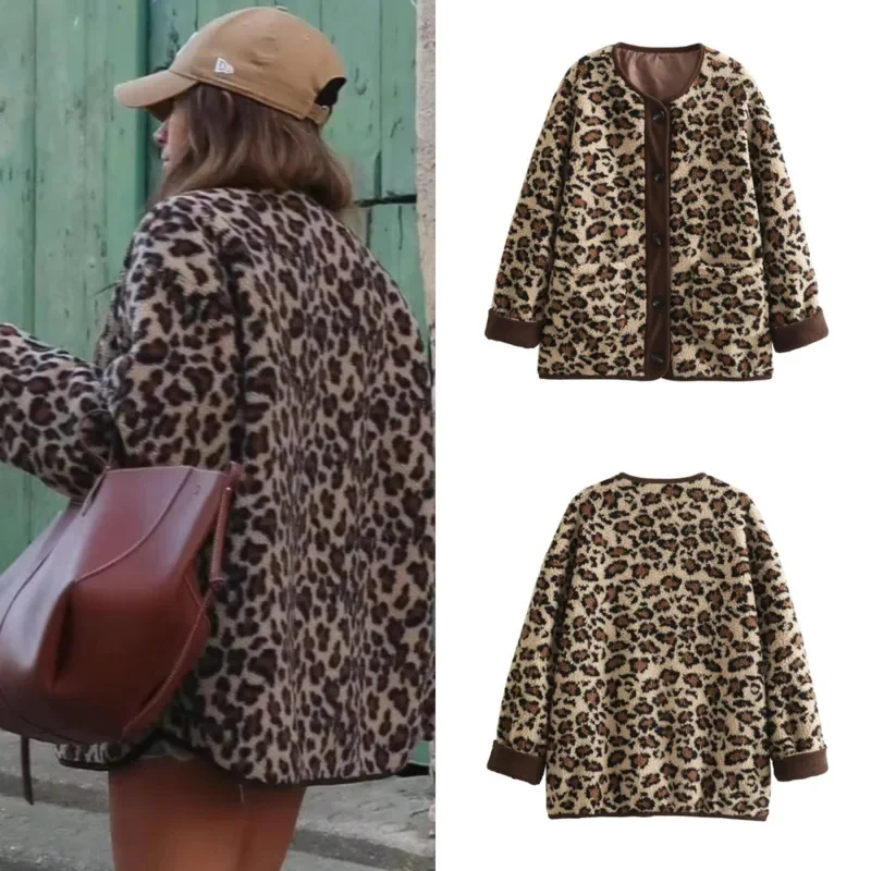 

Leopard Print Knitted Sweater Cardigan Women Autumn Winter America Leopard Printed Sweater Cool Casual Round Neck Jacket Women