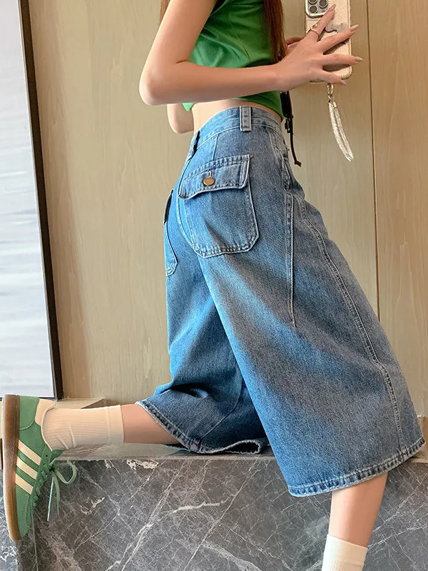 

American Retro Seven-Foot Jeans Women Summer Thin High Waist Loose Casual Wide Leg Medium Pants Denim Fabric Skin-Friendly Br...