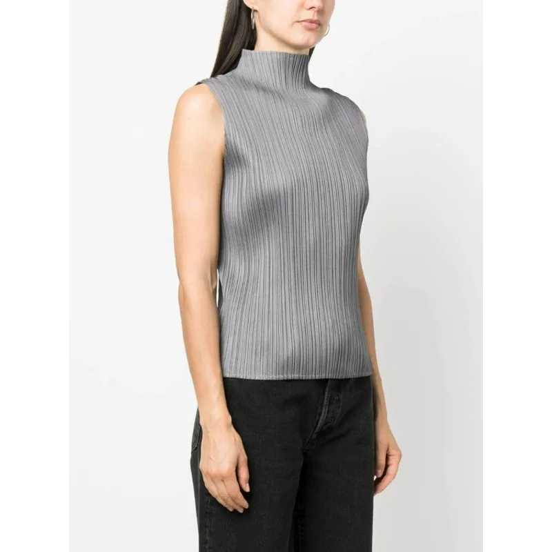 Miyake Pleated Classic Solid Sleeveless High Neck Tank Top