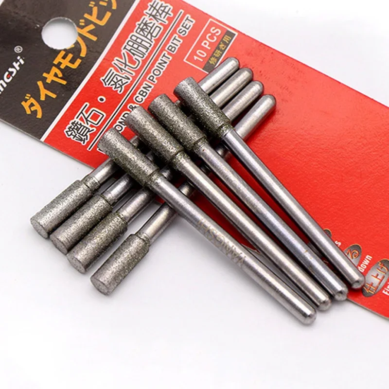 5 pz 1-10mm Diamante e CBN Testa di Rettifica Burr Point 3mm Gambo Intagliare Punte Per Incisione Testa Piatta Cilindrica per Dremel Rotary Too