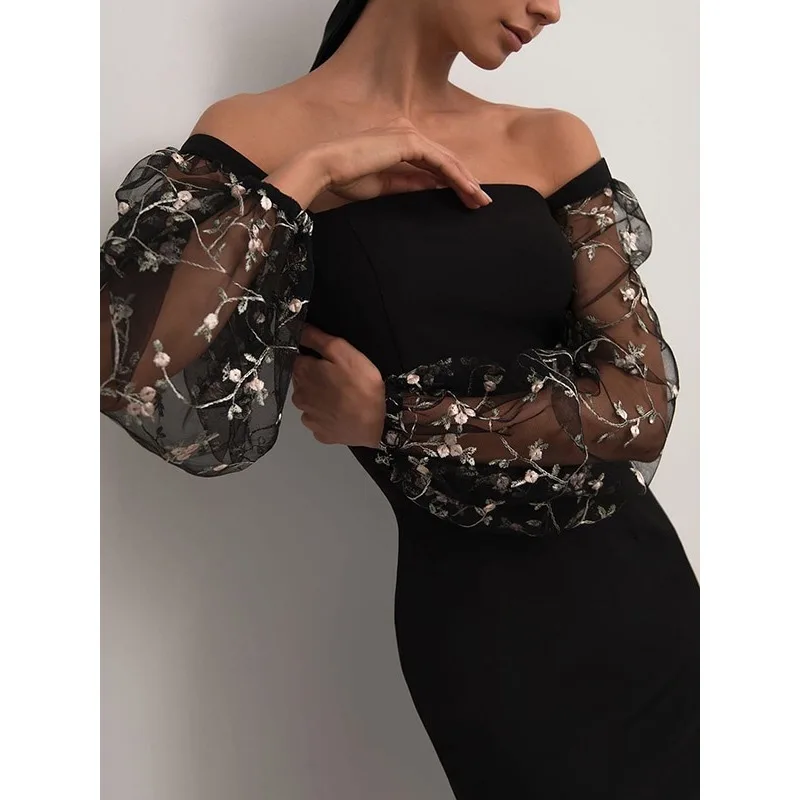 TΣ Vierkante Hals Kant Pure Mouwen Max Jurken Dames 2026 Stijlvolle Effen Elegante Geborduurde Bodycon Feestjurk 147538