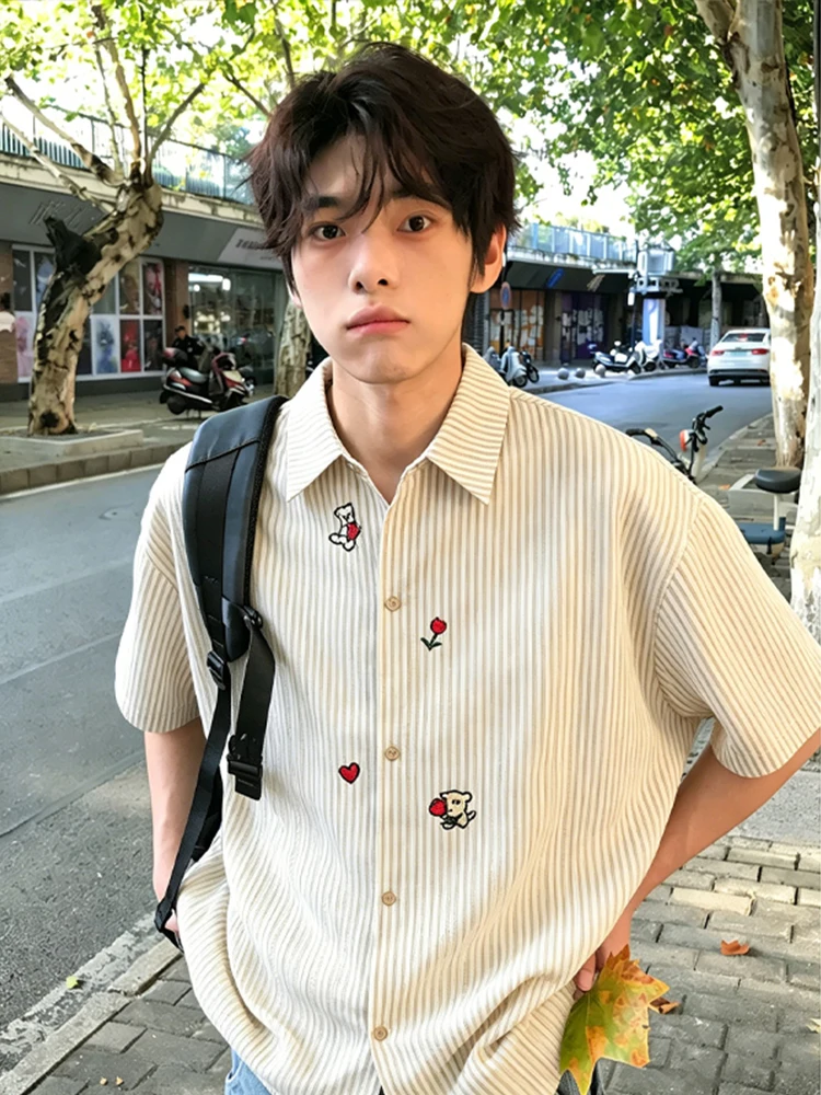 

American Style Short Sleeve Shirt with Dog Embroidery for Men Breathable Spring Summer Casual Wear Loose Fit Durable Button up