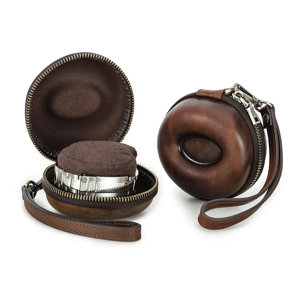

Portable Travel Single Watch Case Genuine Leather Zipper Watch Storage Organizer Box Coin Bag Smartwatch Box