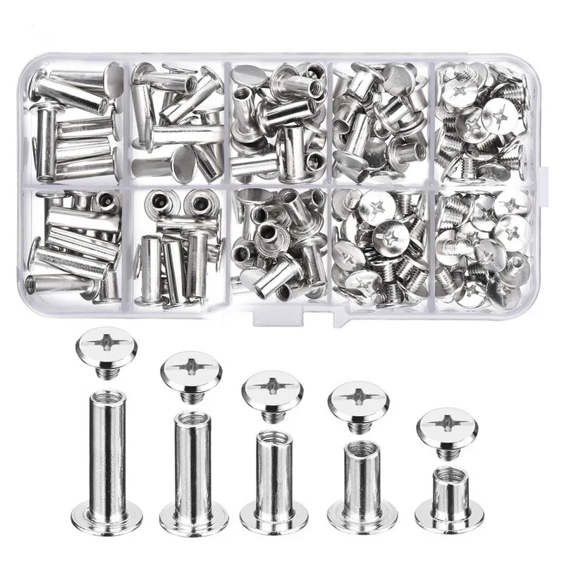 80Pcs M5/6/10/12/15/18mm Studs Rivets Snap Rivet Bolts Book Pillar Leather Rivet+ Slotted Nail With Screwdriver+Punching Tool