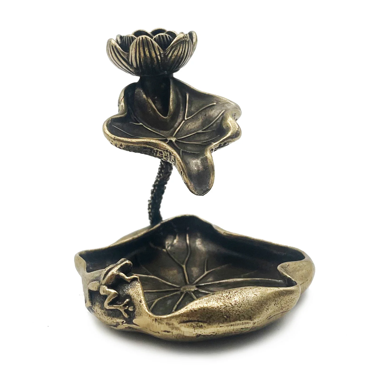 Antique Brass Lotus Leaf Backflow Incense Burner Decorations Solid Pure Copper Frog Lotus Pond Censer Holder Ornaments Tea Pets