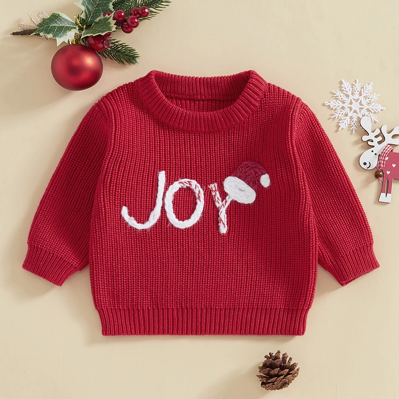 Girls Boys Christmas Knit Sweater Long Sleeve O Neck Elk/Snowman/Santa Hat Embroidery Pullover Knitwear