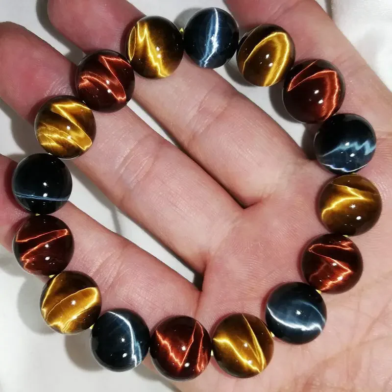 

2024 7A Natural Lightning Color Tricolor Tiger Eye Stone Bracelet for Men and Women Genuine Wood Fossil Hand String Fine Jewelry