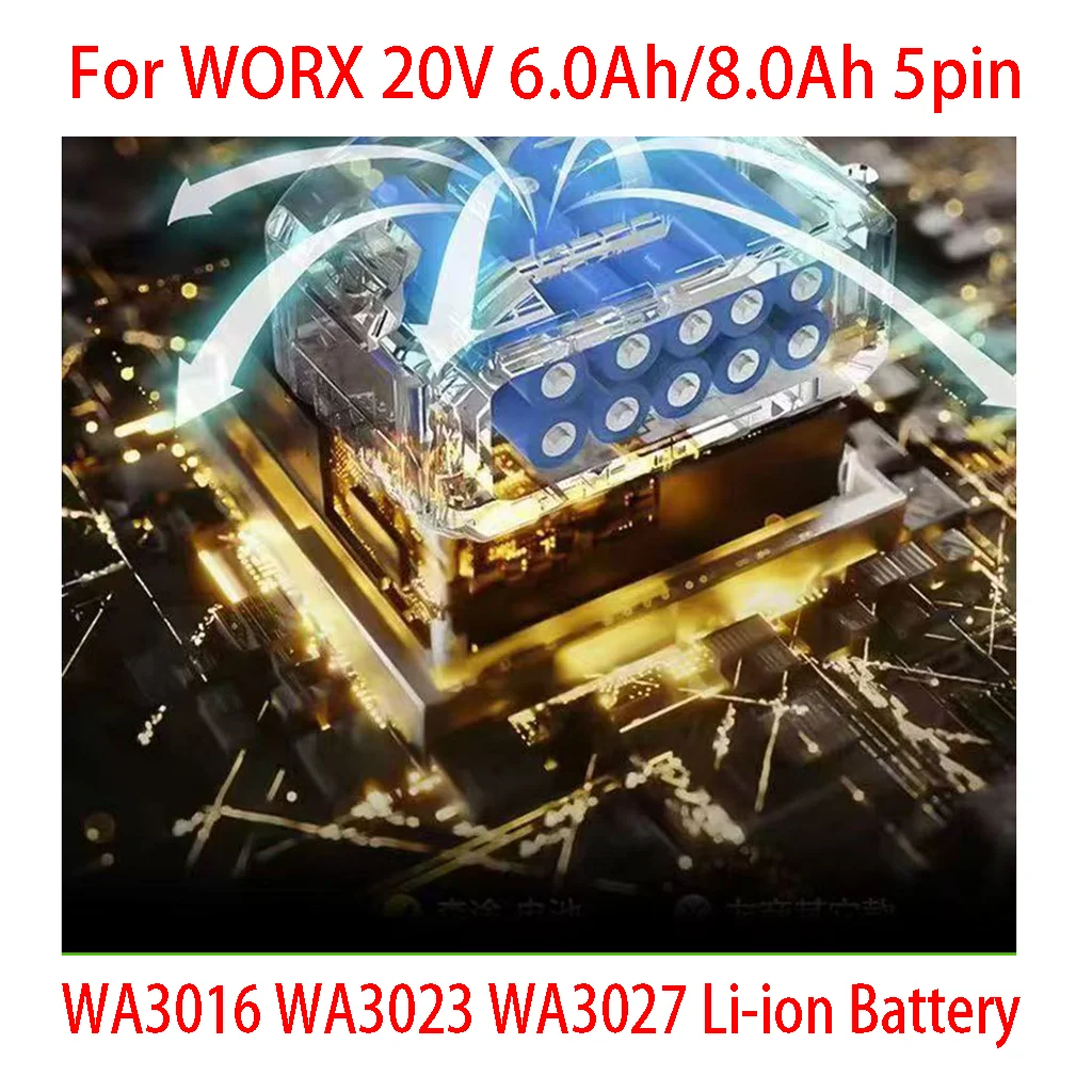 Pro WORX 20V 6.0Ah/8.0Ah 5pin WA3016 WA3023 WA3027 Li-ion baterie pro nářadí Dewalt pro akumulátorové nářadí WORX model baterie - náhled 2
