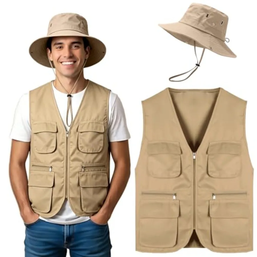 

2Pcs Work Fishing Vest Hat Men's Safari Costume Hunting Waistcoat Utility Vest Multi Pocket Sun Protection Hat
