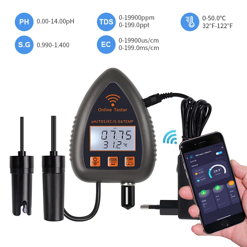 

WiFi Smart Online 5 in 1 PH EC TDS S.G Temperature Tester Water Quality Monitor APP Viewing Agriculture Analyzer