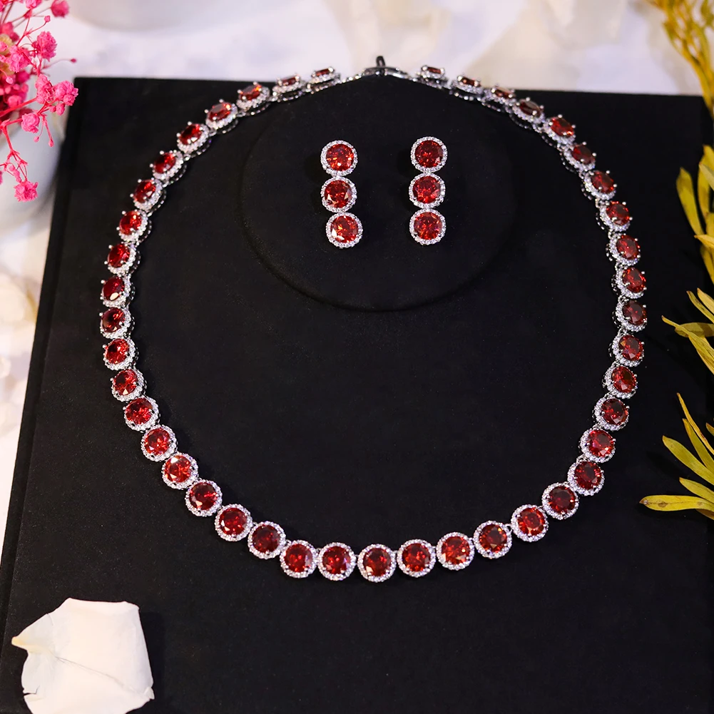 2024 New Luxury Cubic Zirconia Jewelry Set Wedding Party Accessories Trendy Red and Green Colors Circular CZ Necklace for Women