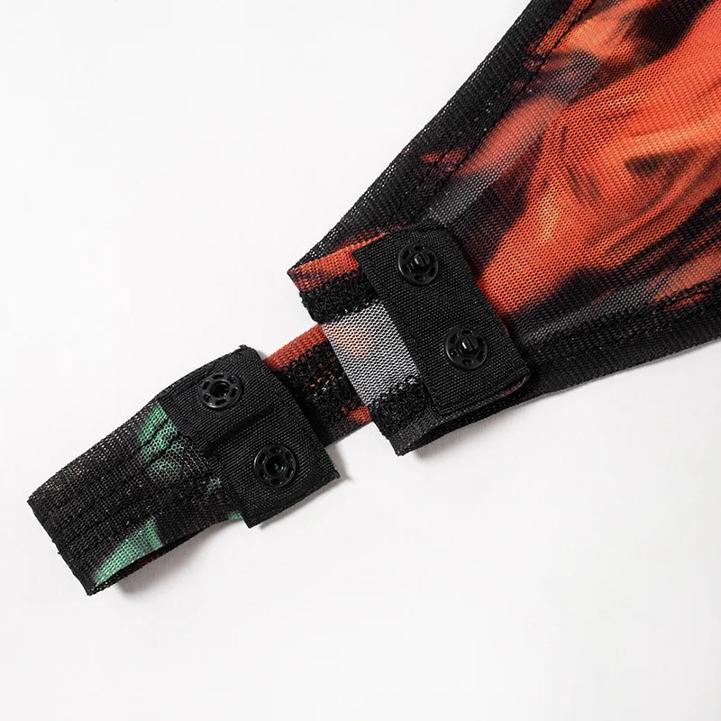 Body Sexy Tie Dye, lencería, corsé de manga larga, Top para mujer, traje Rave de una pieza, lencería ceñida femenina, corpiño transparente