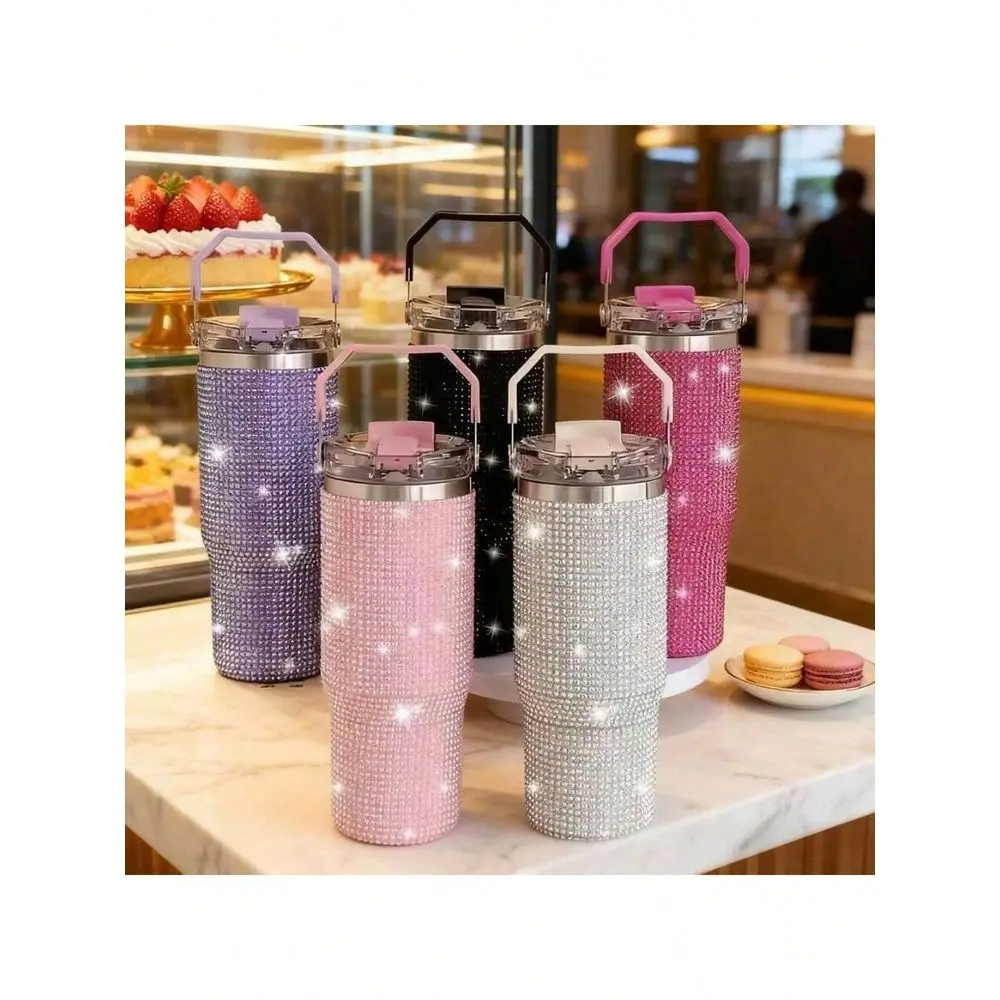 

30oz Stainless Steel Dual Tumbler With Straw Lid, Rhinestone Decor, Vacuum Insulated Hot Cold Beverage Cup,Coffee Cups, Suitabl