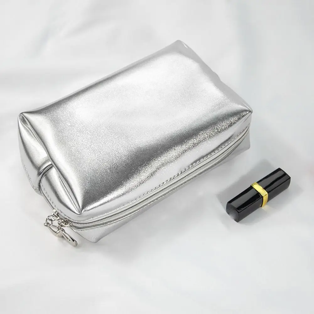 Silver Color PU Leather Silver Makeup Bag Rectangle Shell Shell Shape Cosmetic Bag Solid Color Korean Style