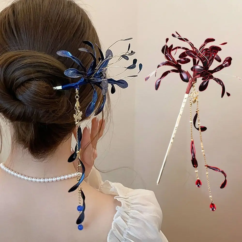 Chinese Style Spider Lily Flower Hair Sticks Super Fairy Wedding Dripping Oil Tassel Hairpins Vintage Hanfu Chopsticks