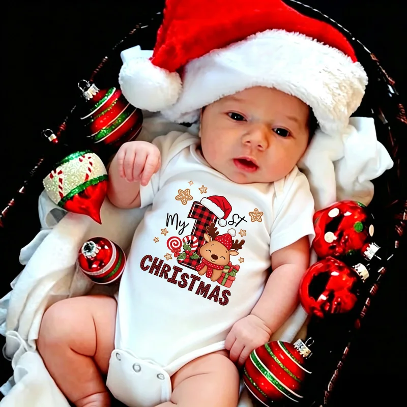 My First Christmas Newborn Baby Short Sleeve Romper Cartoon Christmas Deer Printed Infant Bodysuit Xmas Gifts