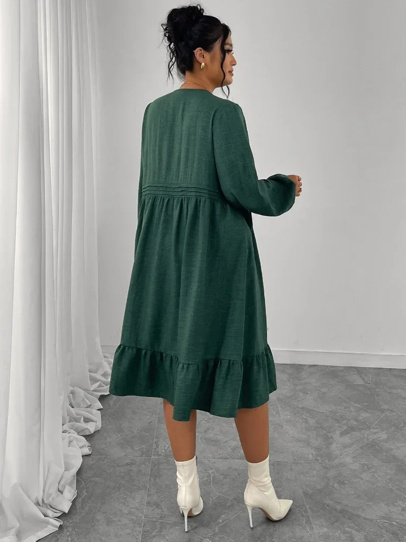 GUWU New Autumn Cotton Hemp Splicing Design Plus Size Dress Loose Bubble Full Sleeve Hollow High Waist Elegant Dress