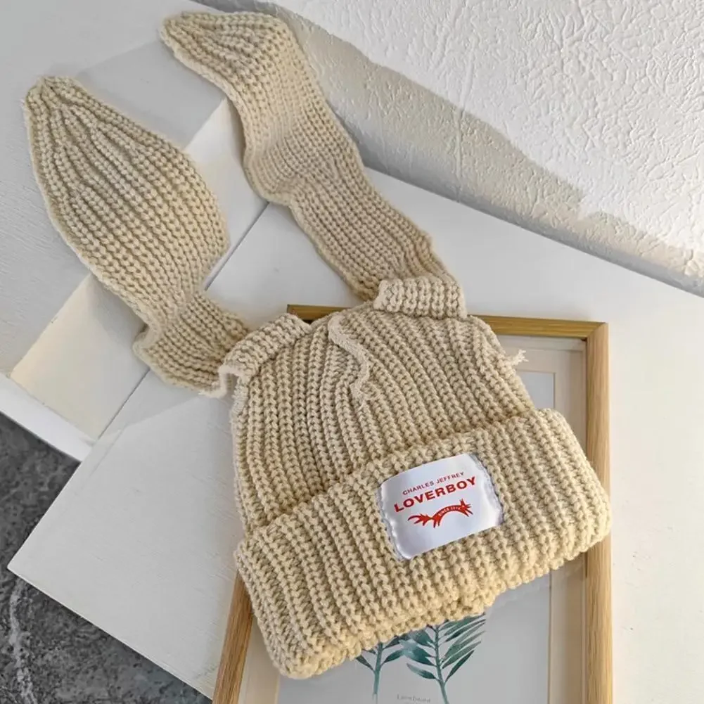 Gorro de lana tejido con Orejas de conejo, gorro de amor para niña y niño, diseño de nicho, gorro de moda con personalidad, bonito y cálido sombrero de tendencia para otoño e invierno