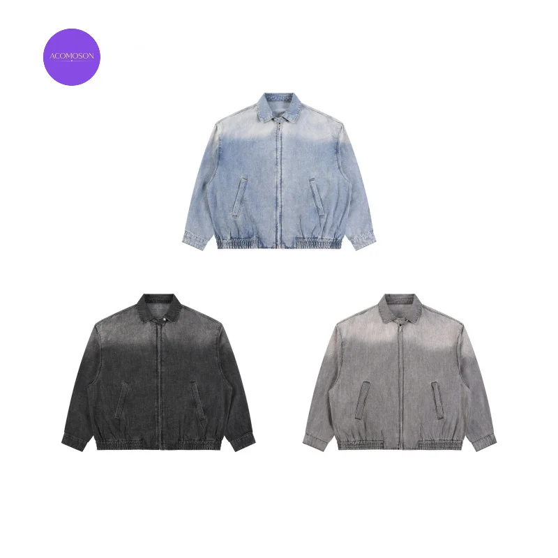 ACOMOSON Luxury Quality Trendy Washed Denim Jacket 320G Weight Cotton Gradient Effect Stand Collar Vintage Wash Jean Jacket