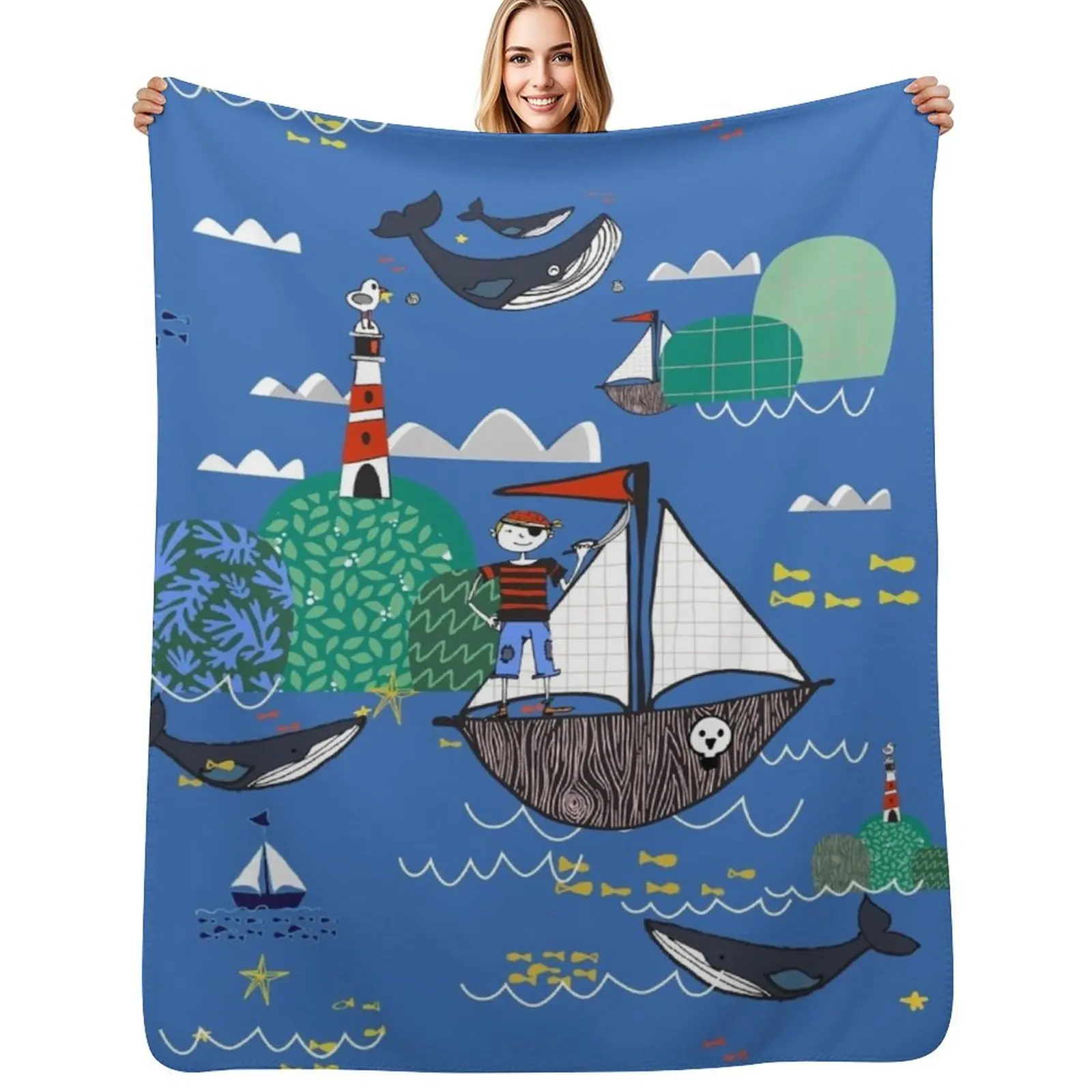Pirates Ahoy Blue Throw Blanket Soft Cozy Blanket for Pet Kids Adults