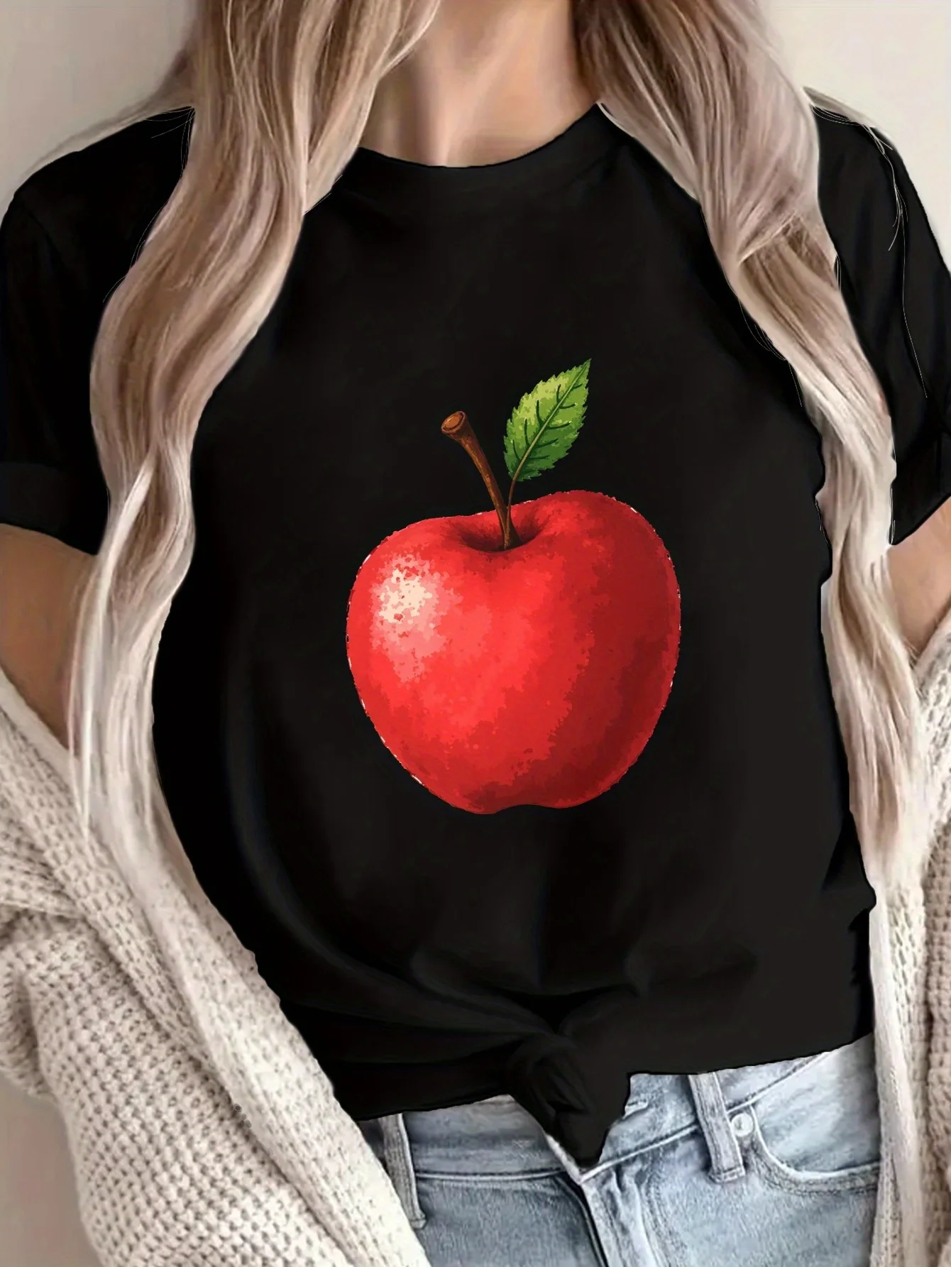 

Женская футболка с акварельным красным яблоком, повседневная футболка с коротким рукавом и круглым вырезом, весна-лето, черный яркий модный узор с яблоком