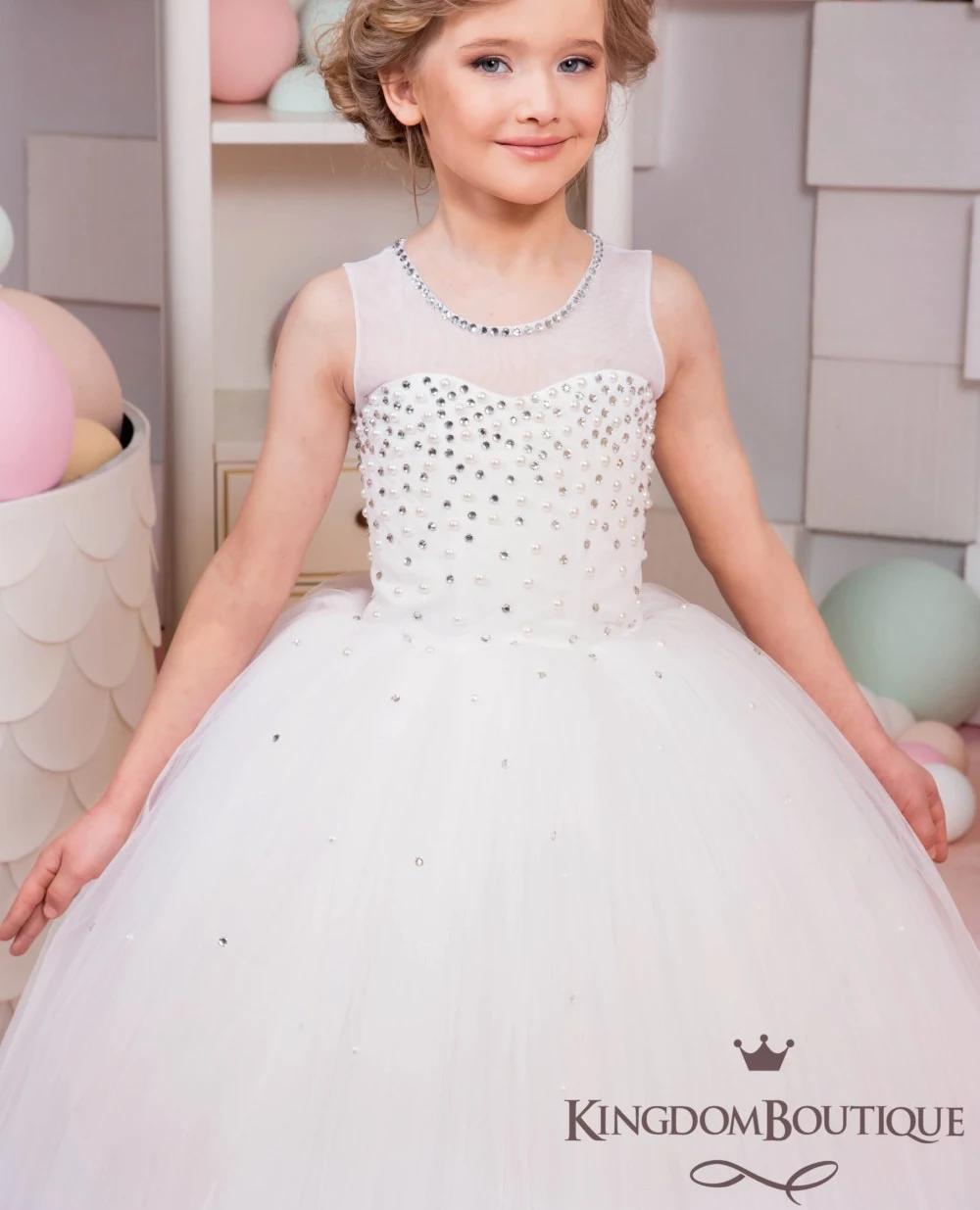 Lorencia-vestidos blancos de flores para niña, vestido de primera comunión con cuentas de lentejuelas brillantes, vestido de desfile YFD61, 2023