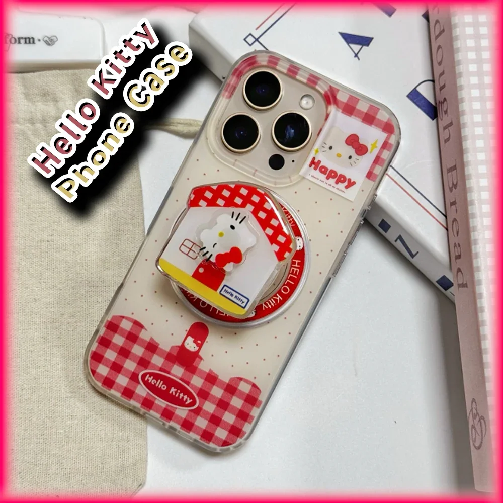 Kawaii Plaid speckle Hello Kitty Magsafe Case for iPhone 16 15 14 13 Pro Max Sanrio Anime Protective Cover with Magnetic Holder