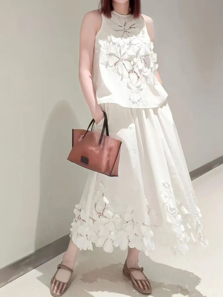 

Flower Embroidery Women White Set Hollow Out Round Neck Sleeveless Top + Elastic Waist A-Line Long Skirt Holiday Suits